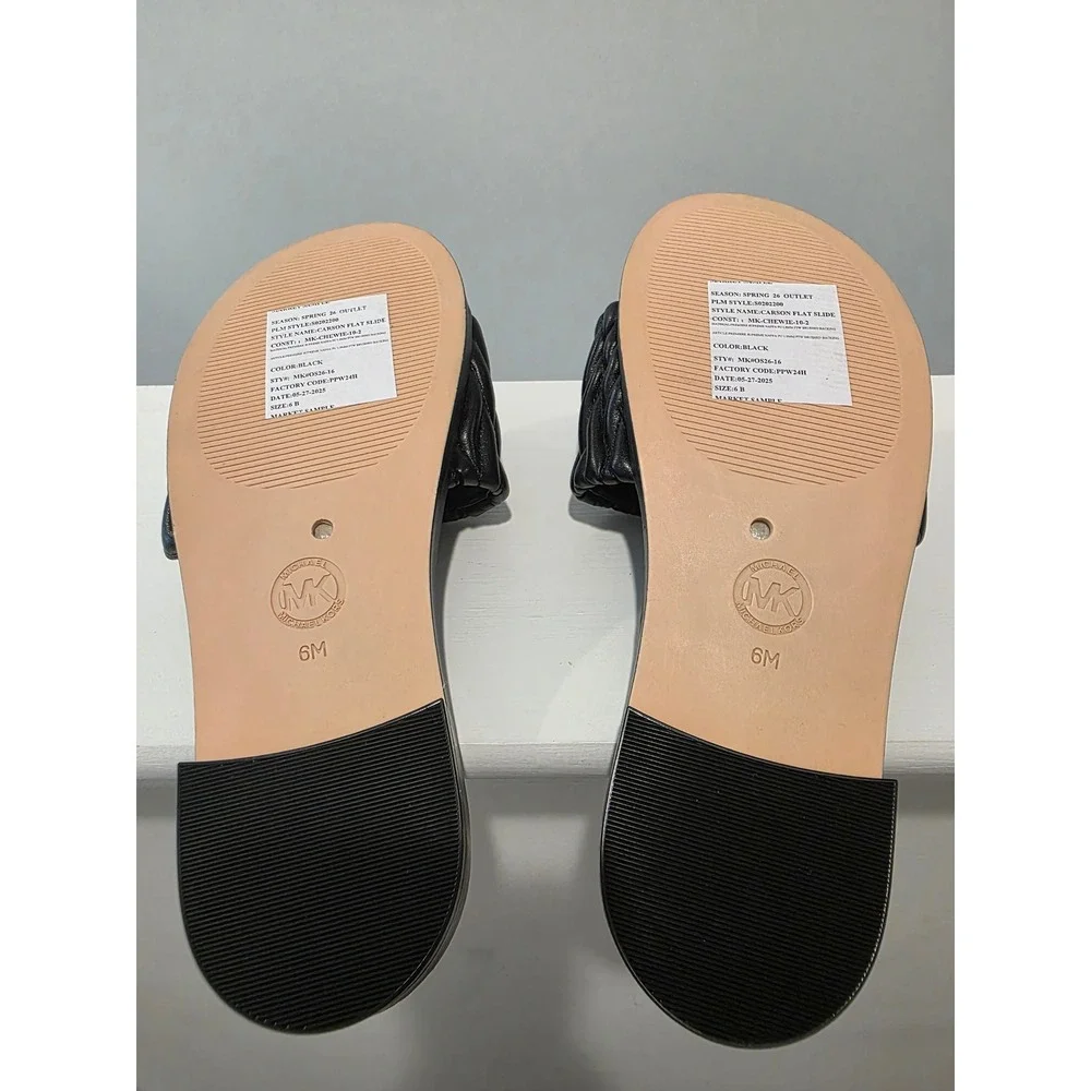 Women's sz 6 M Rare Michael Kors Carson Flat Slide Black Quilted Ruched Sandals